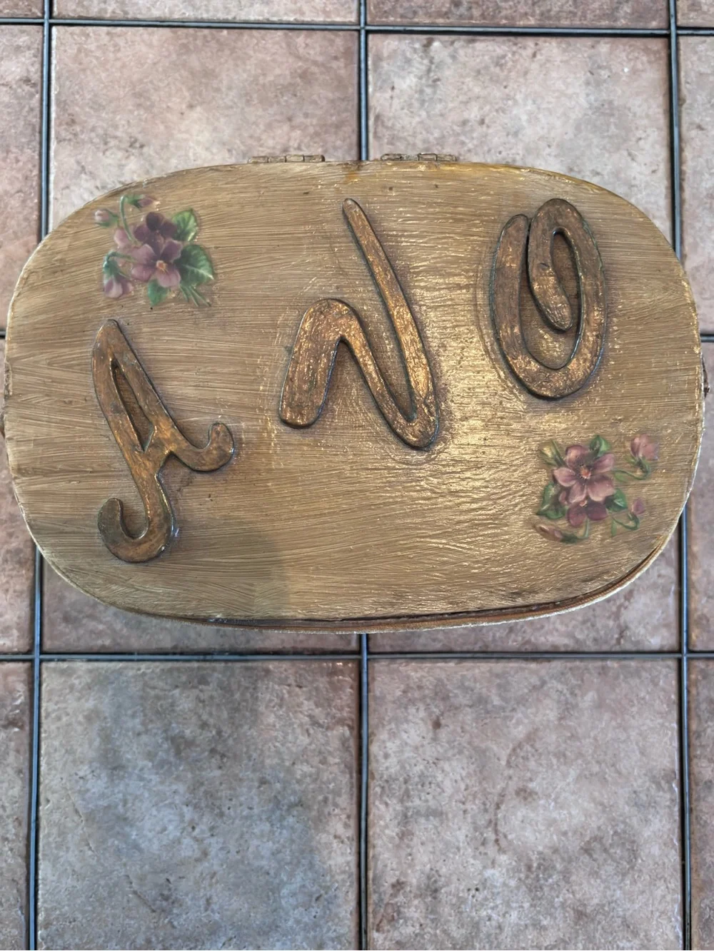 Vintage Wooden Basket Box with Handle | Floral Motifs Monogram Distressed Finish